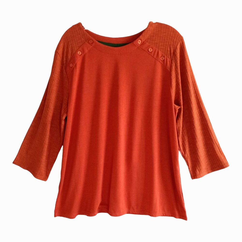 Cuddl Duds Top Womens Large Burnt Orange Front Shoulder Botton Details 3/4 Sleev